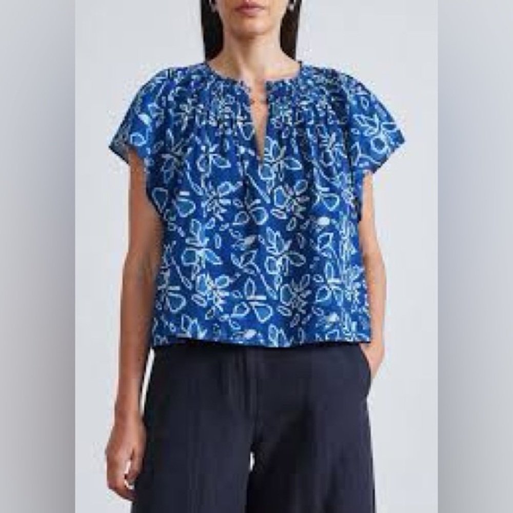 APIECE APART Patricia Flutter Sleeve 100% Organic Cotton Indigo Floral Print Top
